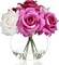 Silk Rose Artificial Flowers with Vase Artificial Rose Flower Arrangements in Round Glass Vase with Faux Water for Home Office Hotel Wedding Party Dinning Table Decor Gift (White & Pink)